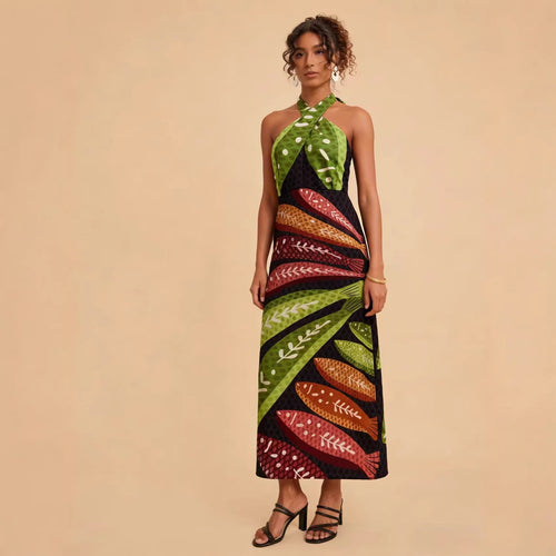Damen Halterneck Maxikleid mit buntem Blattdesign und schwingendem Schnitt Drune