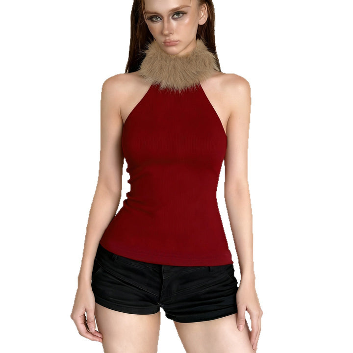 Damen elegantes langes Abendkleid mit raffiniertem Halter-Design und luxuriösem Kunstfellkragen Drune