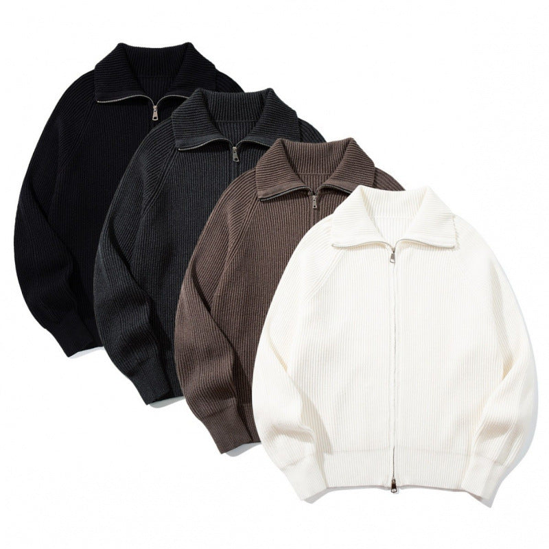 Unisex Grobgerippte Zip-Strickjacke mit Stehkragen, Raglanärmeln und Zwei-Wege-Reißverschluss Drune