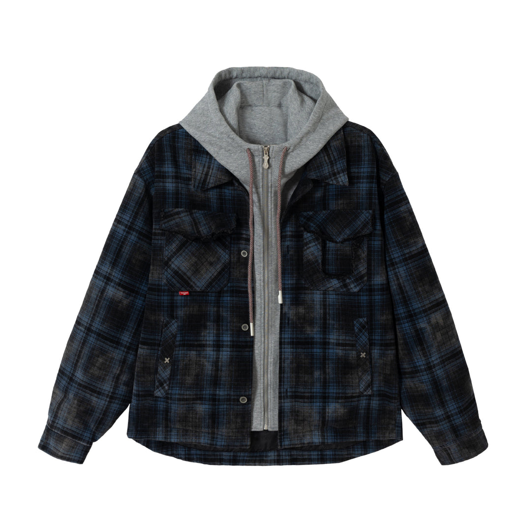 Herren karierte Layer‑Hemdjacke mit integrierter Kapuzen‑Innenjacke Drune