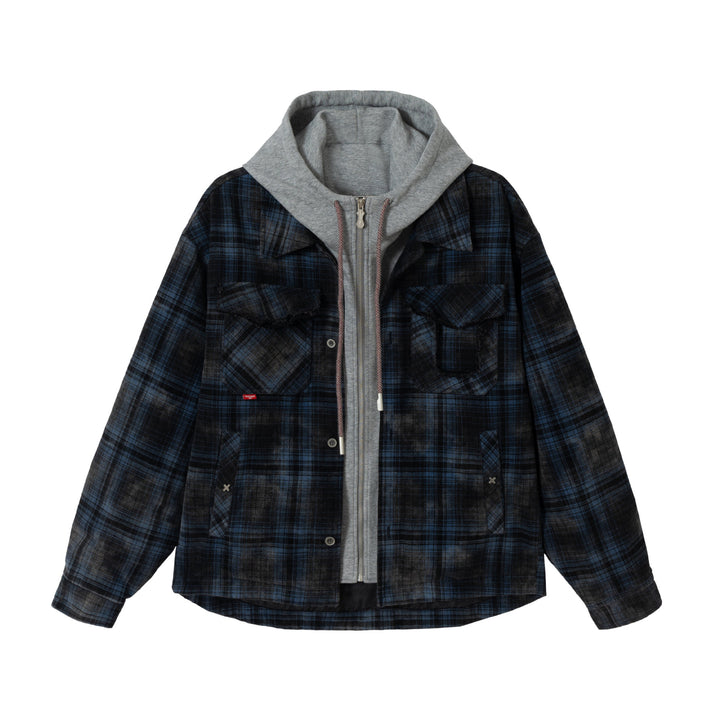 Herren karierte Layer‑Hemdjacke mit integrierter Kapuzen‑Innenjacke Drune