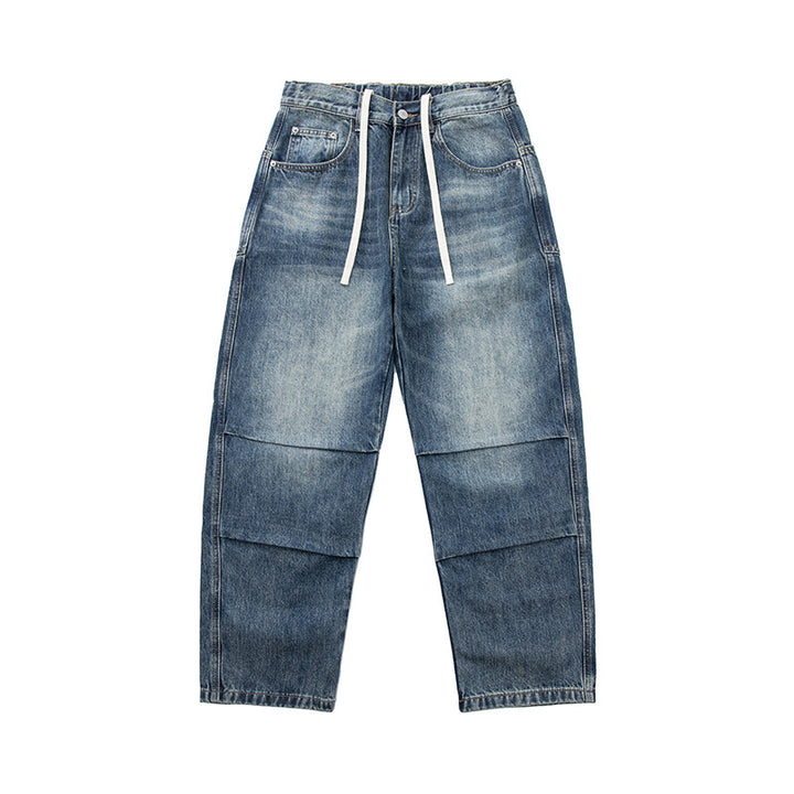 Damen Weite Cropped-Jeans mit hohem Bund, gesteppten Knie-Panels und Kordelzugbund Drune