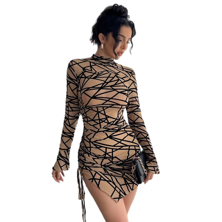 Damen nan figurbetontes transparentes Langarm Minikleid mit Rollkragen und seitlicher Raffung Drune