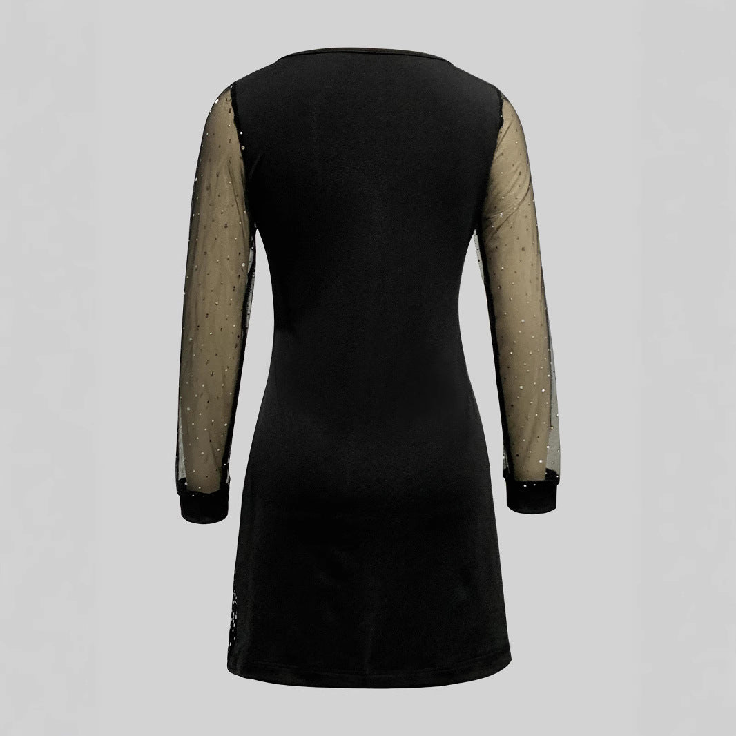 Damen Glamouröses Cocktailkleid mit Sternen-Design und Transparenten Ärmeln Drune
