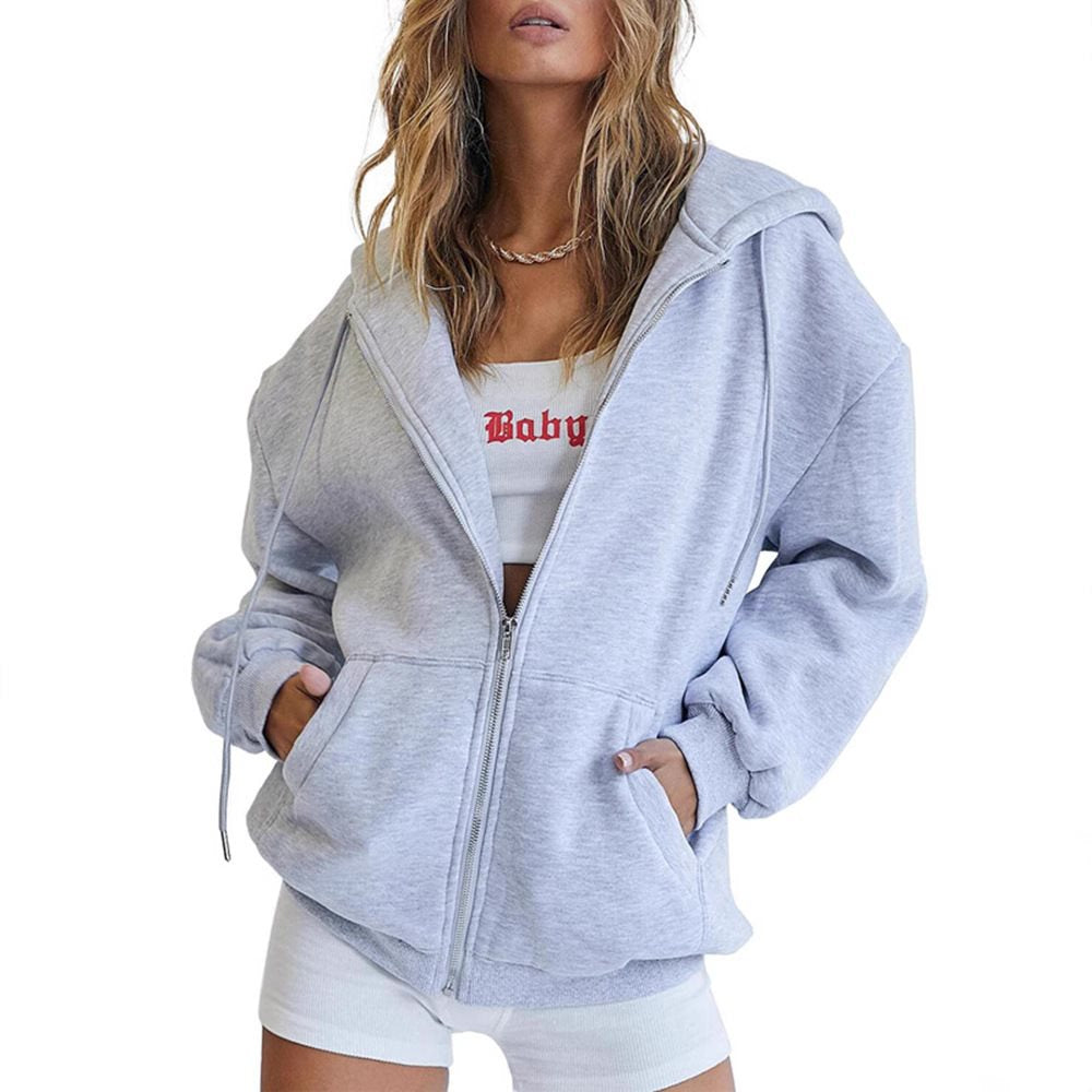 Damen Fleece-Zipjacke im Oversize-Stil mit Kapuze, Kängurutaschen und elastischem Saum Drune