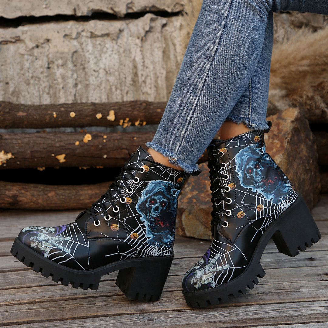 Damen Schnürstiefel mit Halloween-Motiv und robustem Blockabsatz Drune