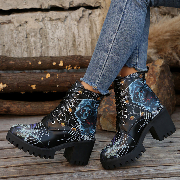 Damen Schnürstiefel mit Halloween-Motiv und robustem Blockabsatz Drune