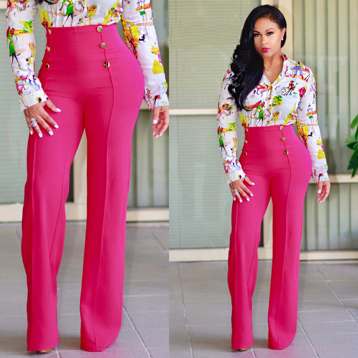 Damen hochtaillierte Palazzo-Hose mit dekorativen Knopfdetails Drune