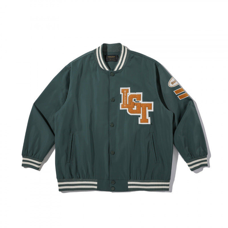 Unisex College-Bomberjacke mit gestepptem Patch, gestreiften Rippsäumen und Druckknopfleiste Drune