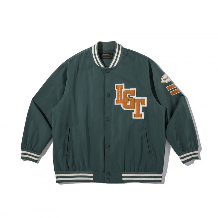 Unisex College-Bomberjacke mit gestepptem Patch, gestreiften Rippsäumen und Druckknopfleiste Drune