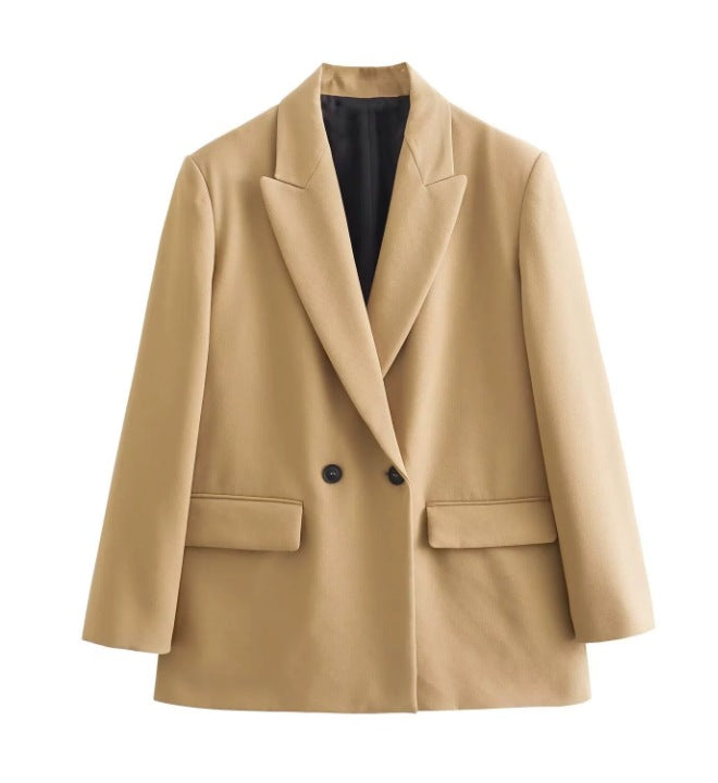 Damen 100+ geradliniger Longline Blazer mit Reverskragen, doppelreihiger Optik und Pattentaschen Drune