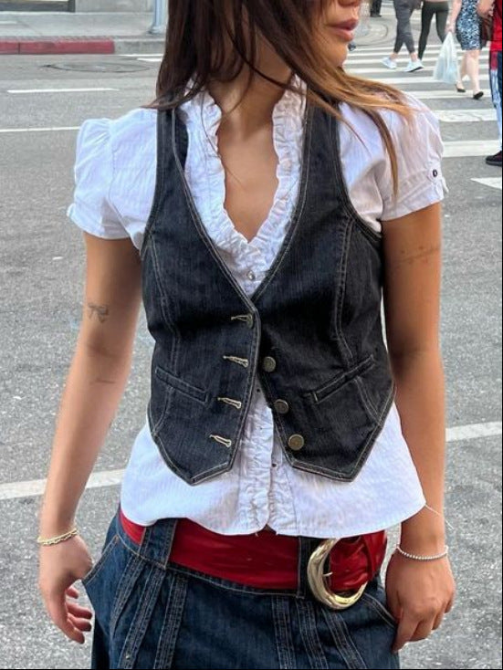 Damen Denim-Weste mit eleganten Knopfdetails und modernen Taschen Drune