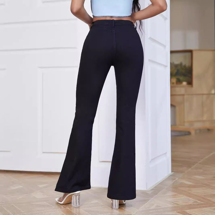 Damen High-Waist Schlaghose aus Stretch-Denim mit Taschenklappen und Frontschlitz Drune