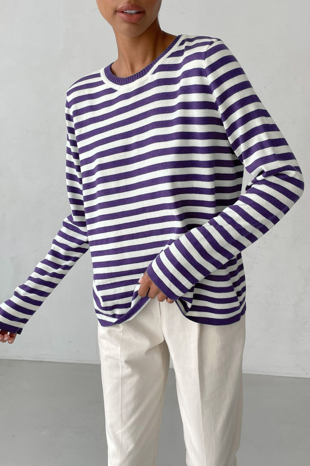 Damen nan gestreifter Baumwollpullover mit Rundhals und legerer Passform Drune