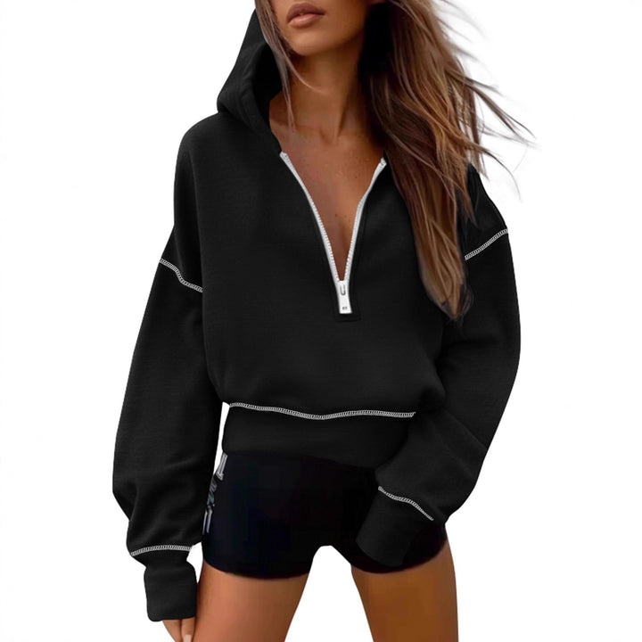 Damen nan cropped Kapuzenpullover mit halbem Reißverschluss und voluminösen Ballonärmeln Drune