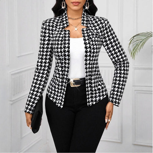 Damen elegante Blazerjacke mit Hahnentrittmuster und tailliertem Schnitt Drune