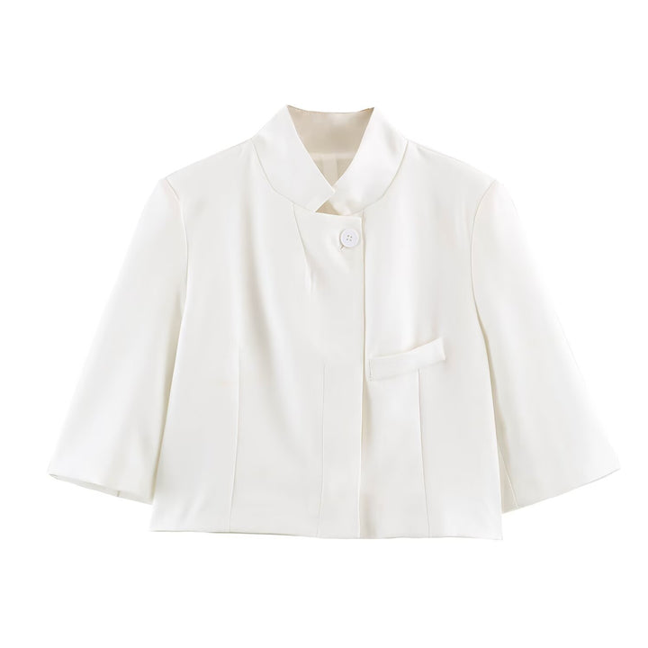 Damen Elegante Cropped-Jacke mit Stehkragen, verdeckter Knopfleiste und 3/4-Ärmeln Drune
