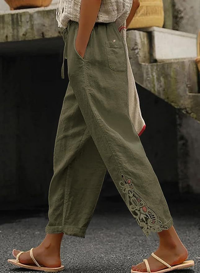 Damen Leichte und luftige Sommerhose im Boho-Stil mit Stickerei Drune