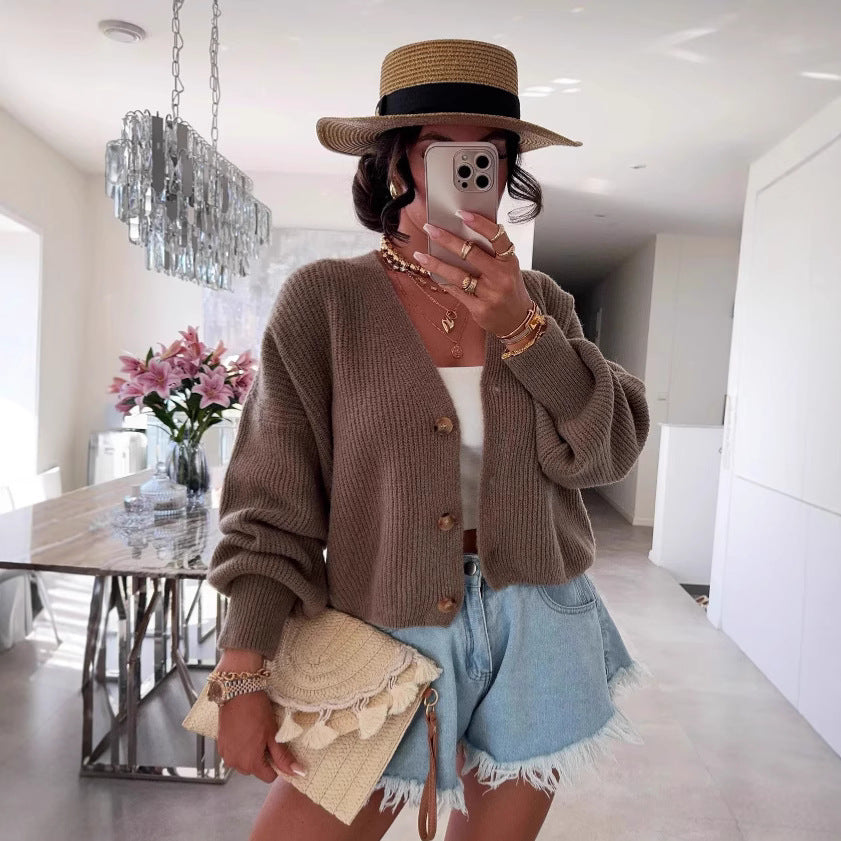 Damen kuschelige Strickjacke mit großen Knöpfen und lockeren Ärmeln Drune