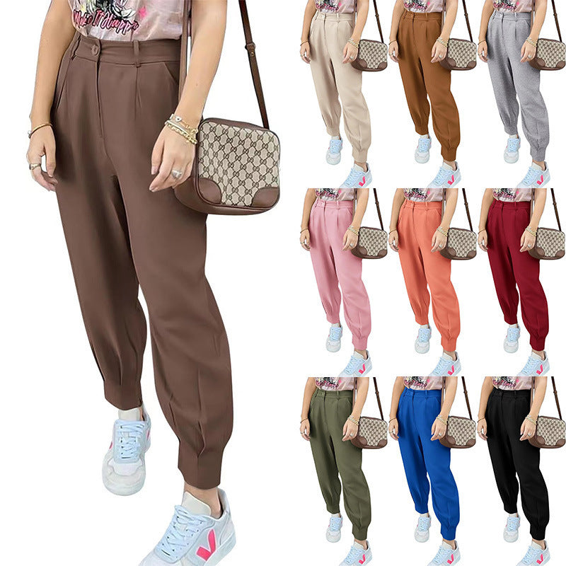 Damen elegante und modische High-Waist Hose mit Falten und seitlichen Taschen Drune