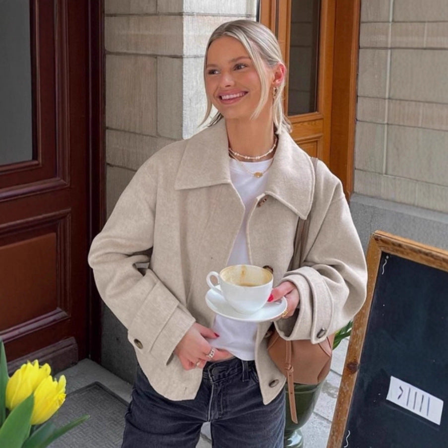 Damen modische Wolljacke mit lässigem Schnitt und Knopfdetails Drune