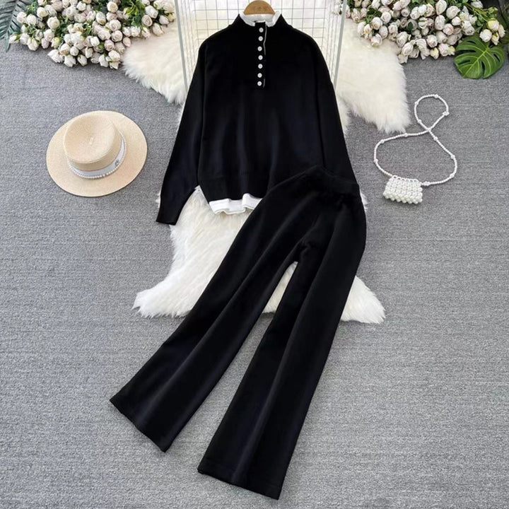 Damen Loungewear-Set mit hoher Rippstruktur und Knopfdetaillierung Drune