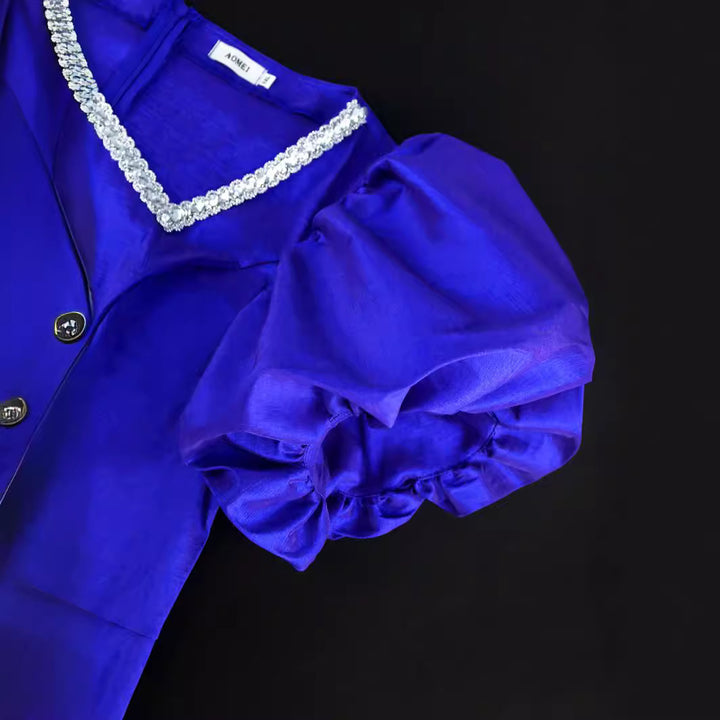 Damen figurbetontes Kleid mit voluminösen Puffärmeln und Fransen Drune