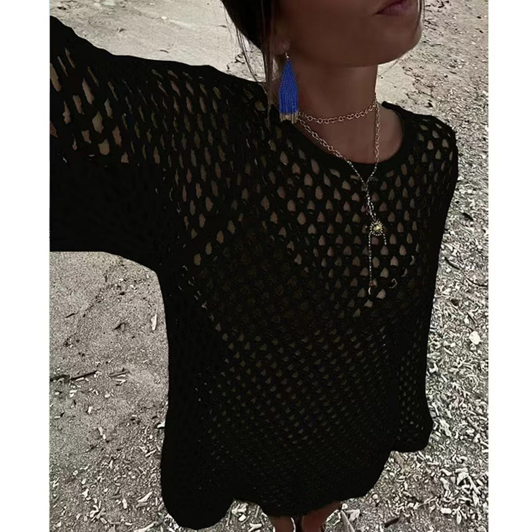 Damen luftiger Häkel-Strandüberwurf mit weiten Ärmeln und asymmetrischem Saum Drune