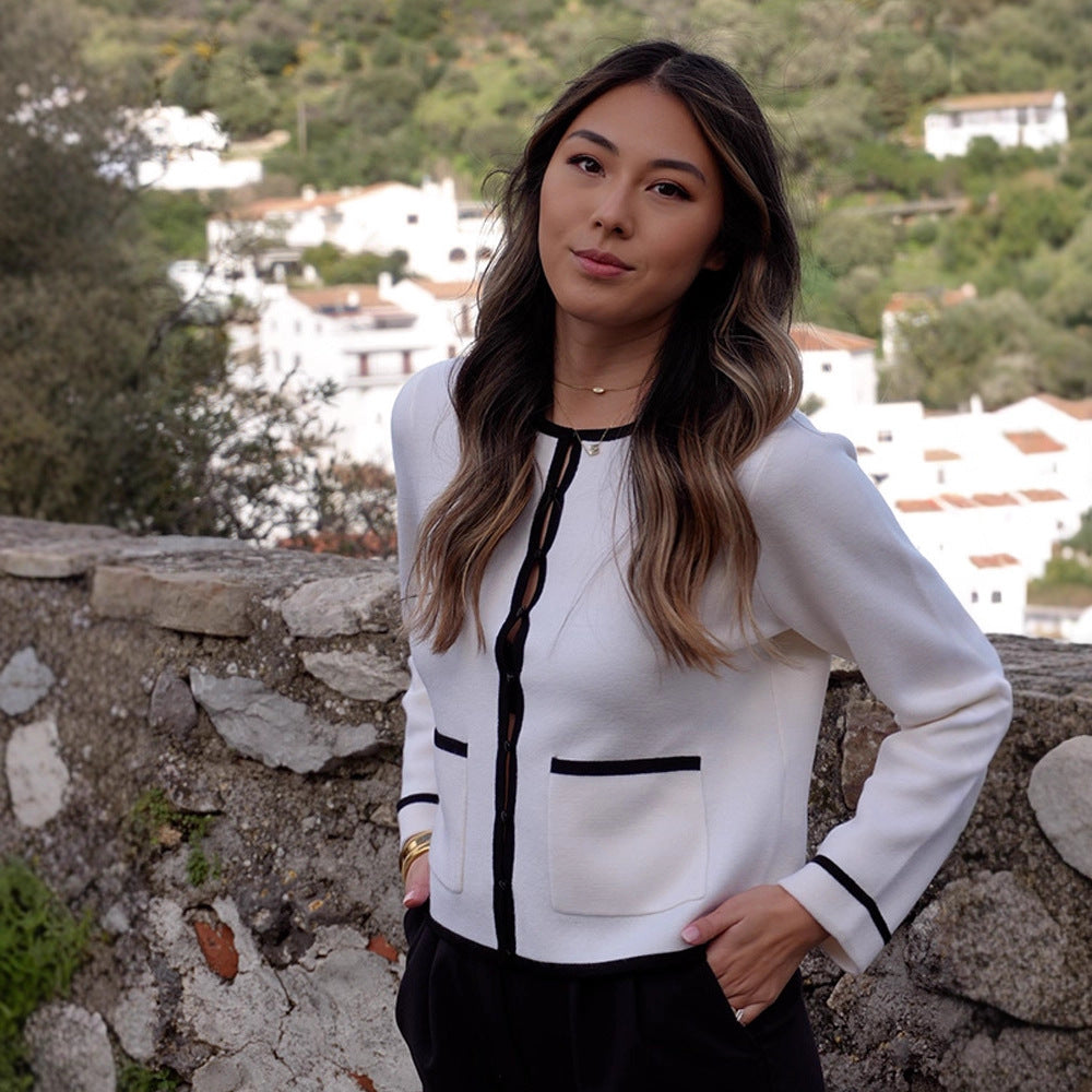 Damen Feiner Kontrast-Knopfleisten‑Cardigan mit Paspelung und aufgesetzten Taschen Drune