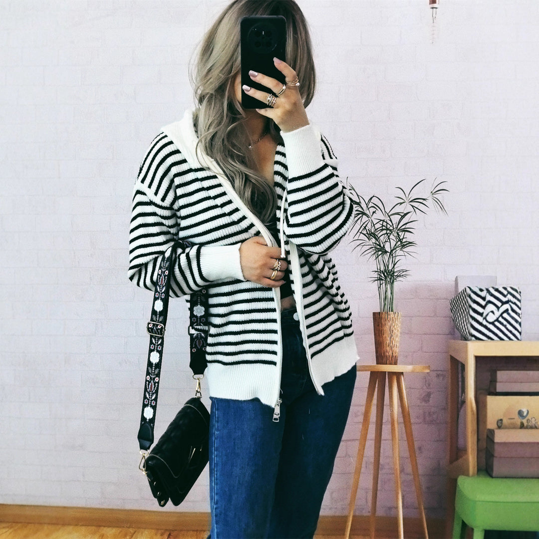 Damen lässiger Hoodie mit gestreifter Struktur und praktischen Taschen Drune