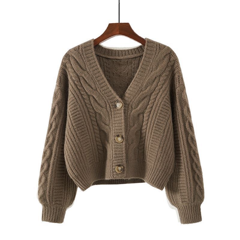 Damen Strickjacke mit ausgefallenem Zopfmuster und tiefem V-Ausschnitt Drune