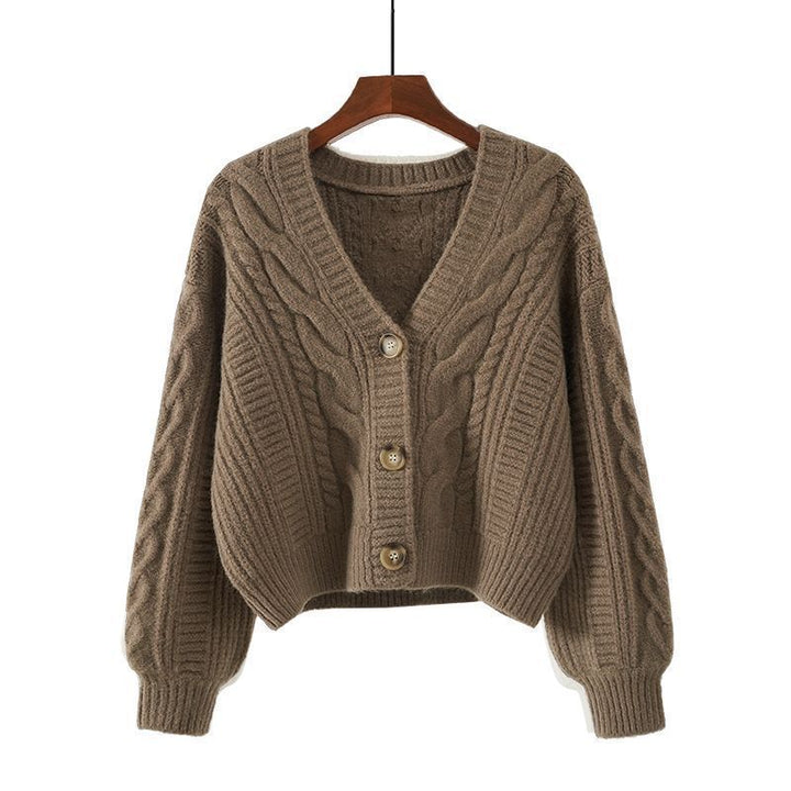 Damen Strickjacke mit ausgefallenem Zopfmuster und tiefem V-Ausschnitt Drune