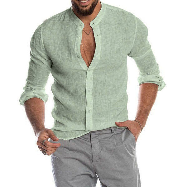 Herren nan Leinenhemd mit Stehkragen, durchgehender Knopfleiste und legerer Slim-Fit-Passform Drune