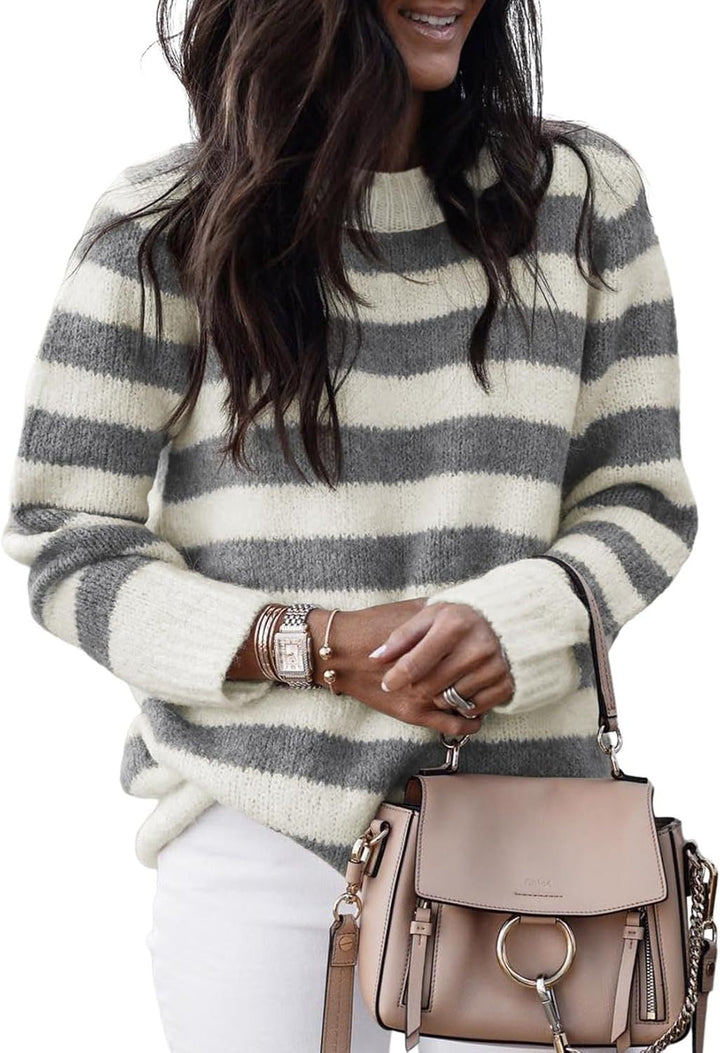Damen lässiger Strickpullover mit breiten Querstreifen Drune