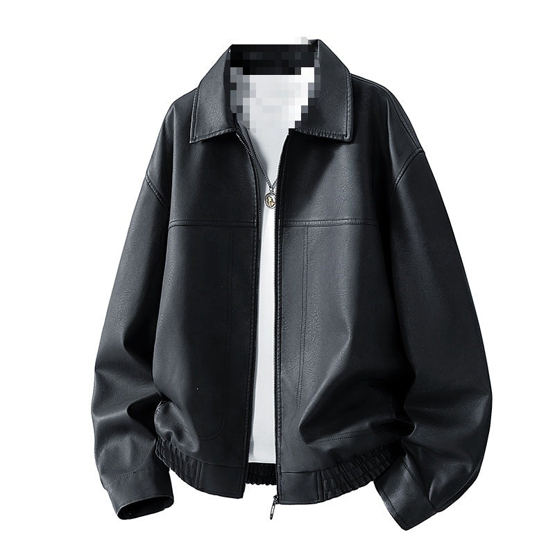 Herren Oversize Utility-Bomberjacke aus Kunstleder mit geripptem Saum und Hemdkragen Drune
