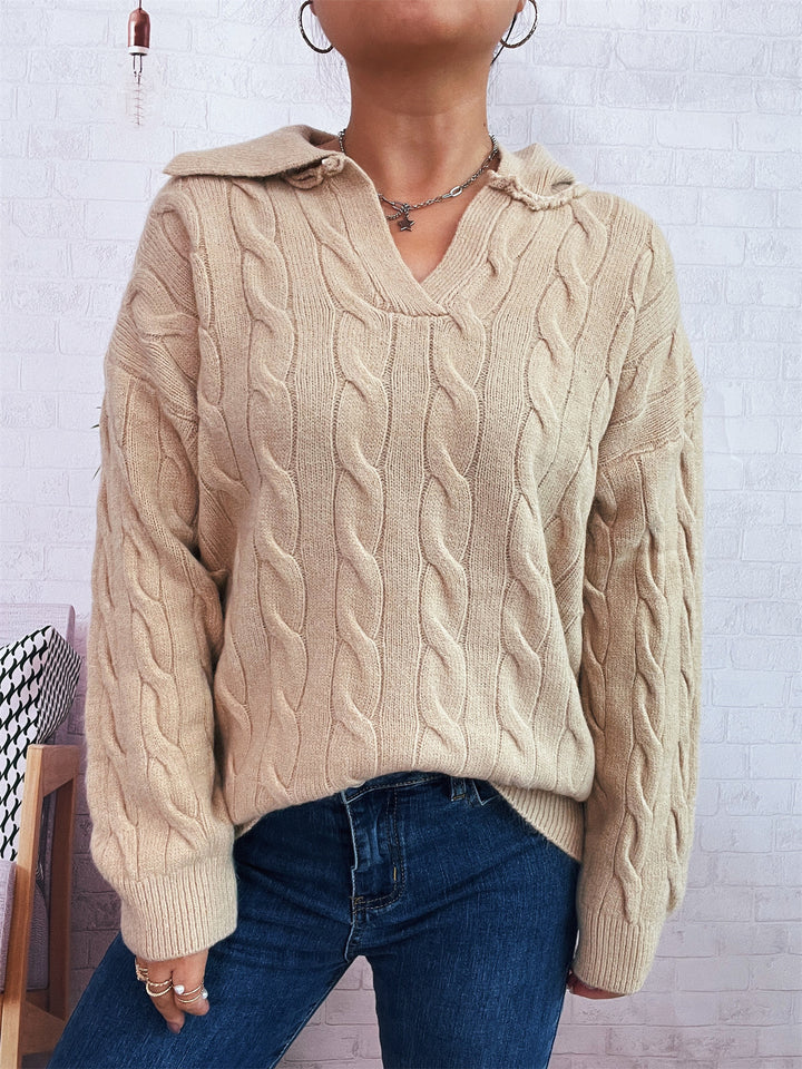 Damen Grobstrickpullover mit farbenfrohem Zopfdesign und klassischem Kragen Drune