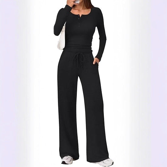 Damen Zweiteiliges Feinstrick-Lounge-Set mit Henley-Top und Palazzo-Hose Drune