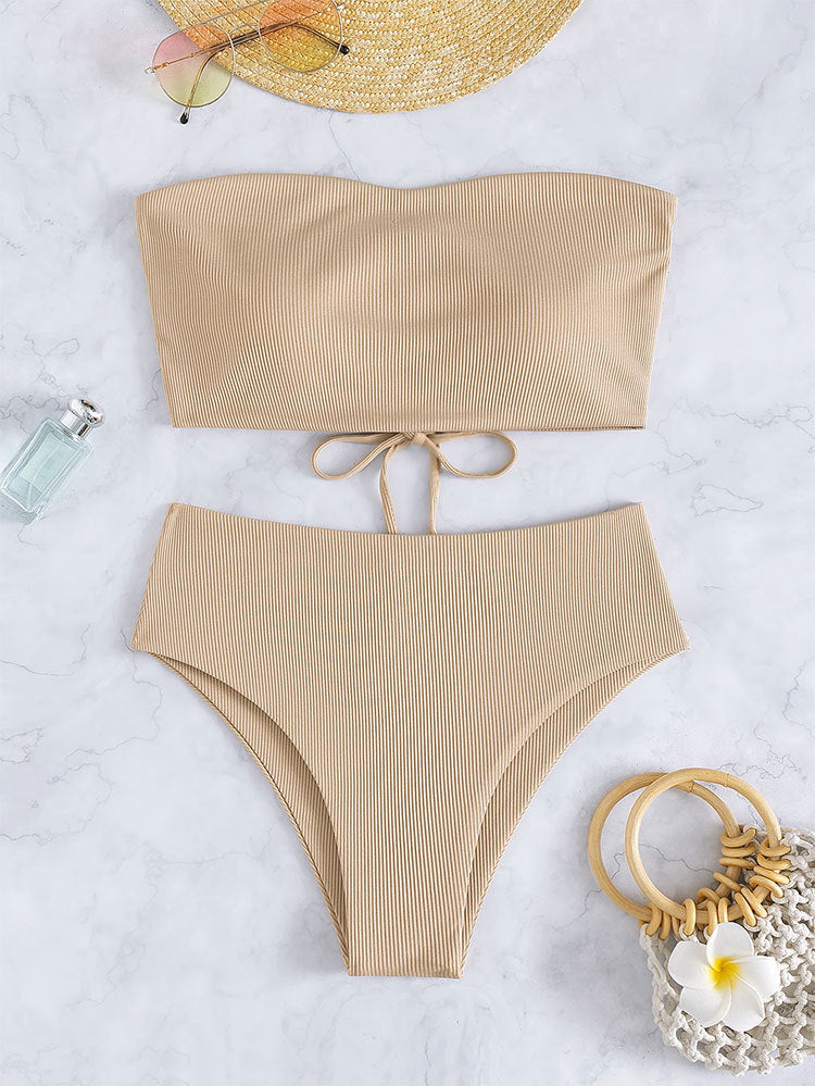 Damen Bandeau-Bikini mit hohem Bund und Rippdesign Drune