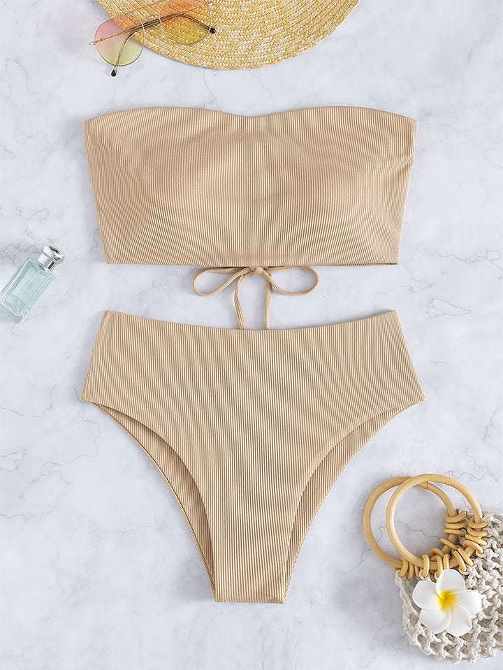 Damen Bandeau-Bikini mit hohem Bund und Rippdesign Drune