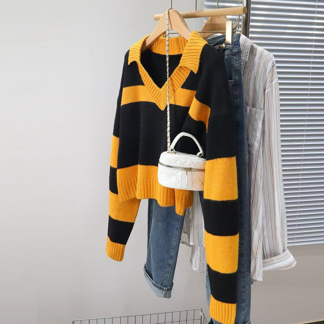 Damen Strickpullover mit tiefem V-Ausschnitt und gestreiftem Design Drune