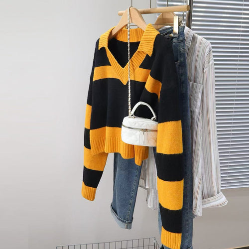 Damen Strickpullover mit tiefem V-Ausschnitt und gestreiftem Design Drune