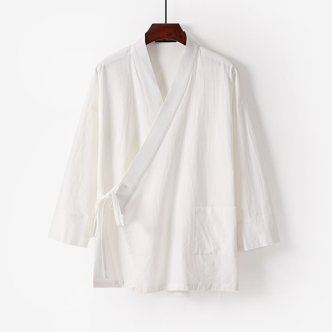 Damen Kimono-Cardigan aus Baumwoll-Leinen mit dreiviertelärmeln Bindegürtel und aufgesetzten Taschen Drune
