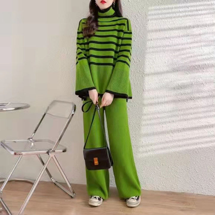 Damen gestreifter Strickpullover mit weiter Passform und hohen Kragen Drune