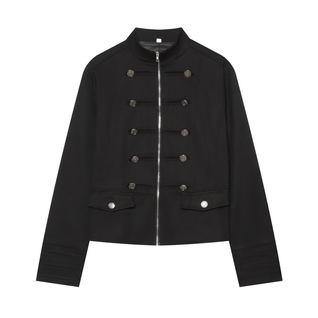 Damen Militärinspirierte Kurzjacke mit Stehkragen und Zierknöpfen Drune