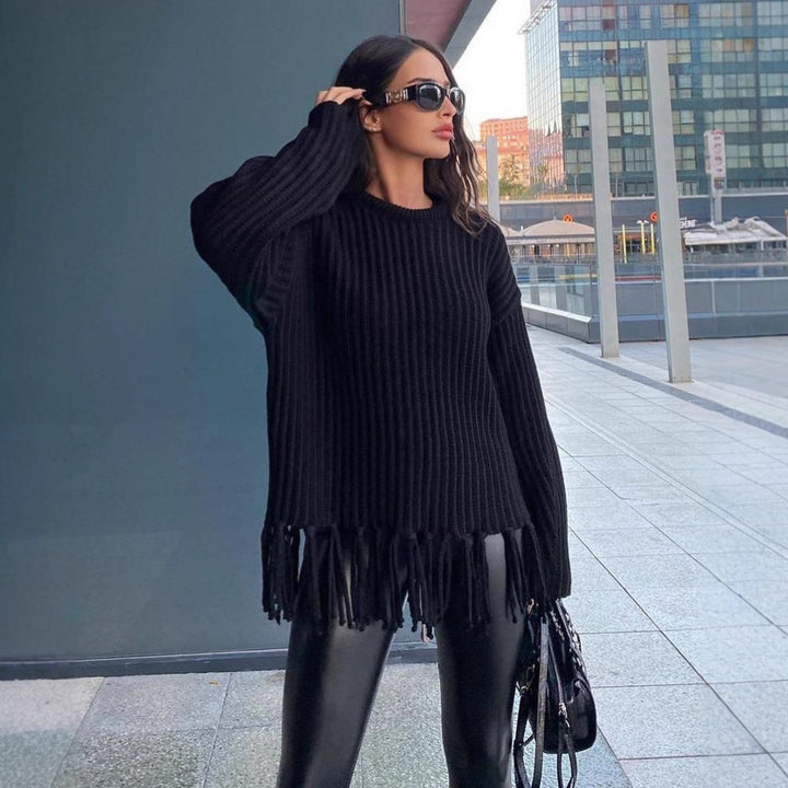 Damen lässiger Rippstrick-Pullover mit Fransen-Saum und Oversize-Silhouette Drune