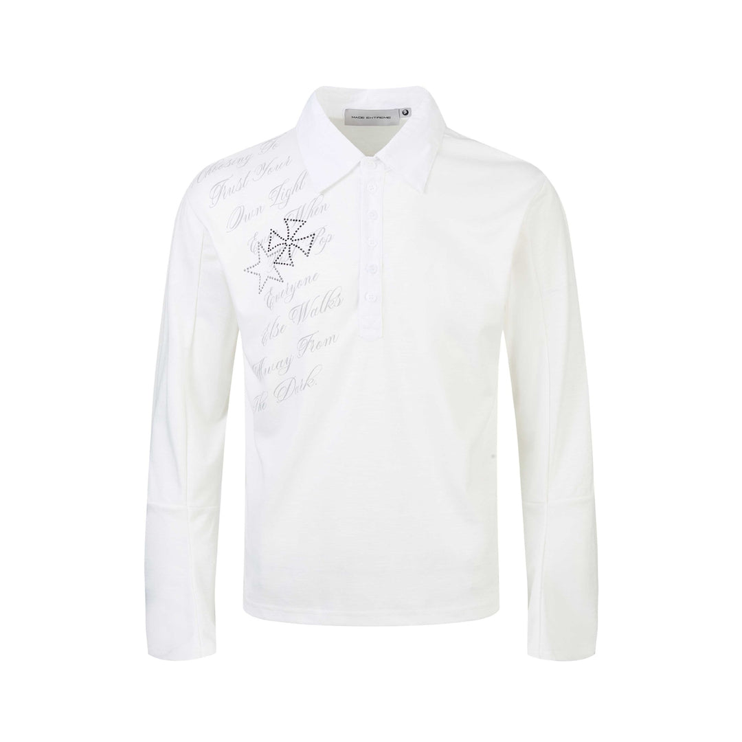 Damen Poloshirt-Langarmshirt mit Hemdkragen, Schriftprint und Strass-Applikation Drune
