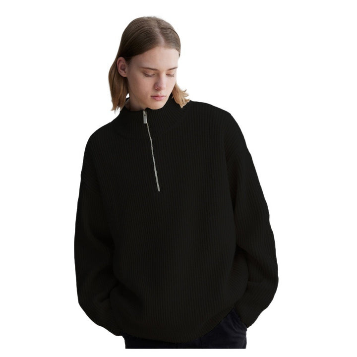 Herren Oversized Rippstrick-Halbzippullover mit verlängertem Arm und hohem Stehkragen Drune