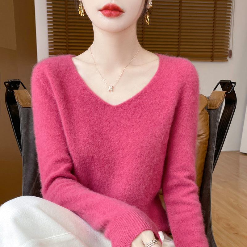 Damen Kuscheliger V‑Ausschnitt Feinstrickpullover aus Mohair‑Mix mit flauschiger Oberfläche Drune
