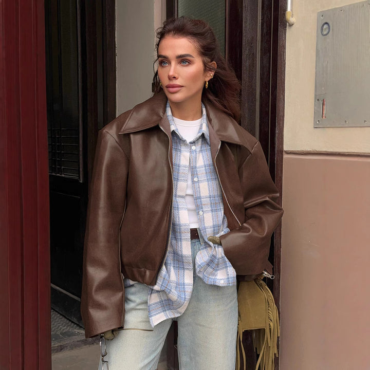 Damen Kunstlederjacke mit weitem Schnitt und feinem Kragen Drune
