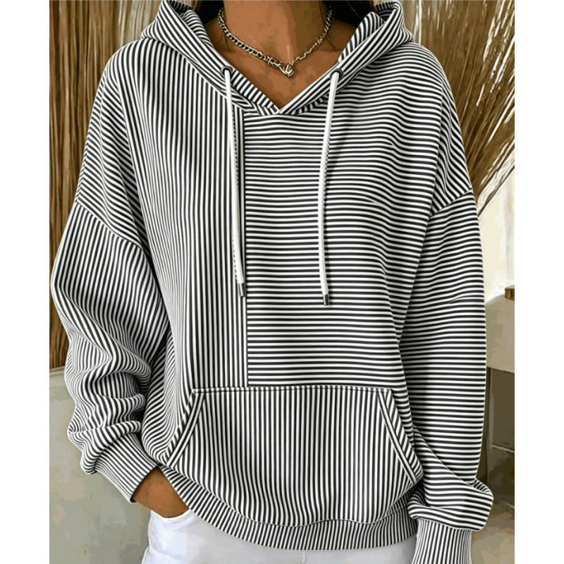 Damen Oversize Kapuzenpullover mit feinem Streifenprint, Kängurutasche und V-Ausschnitt-Kapuze Drune